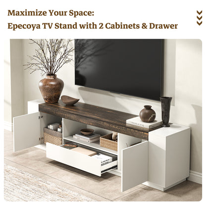 78.7-Inch Modern TV Console for Living Room, White & Brown Long TV Stand with Drawers and Open Shelf, White Entertainment Center with Brown Top for 85 Inch TV