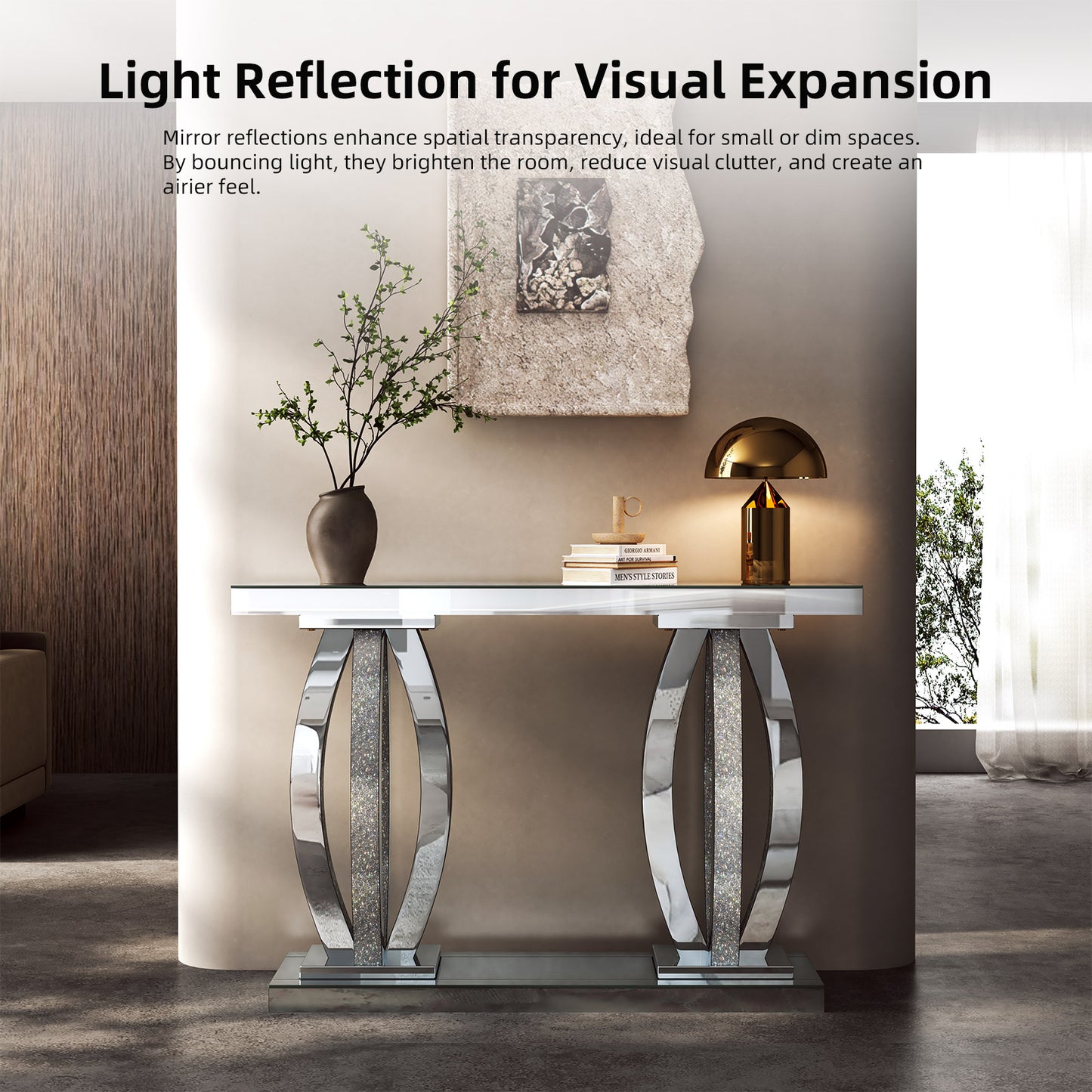 47-Inch Modern Mirrored Console Table with Crushed Diamond Finish for Living Room Entryway, Contemporary Mirror Sofa Tables with Silver Glass Top for Hallway Behind Couch, Silver