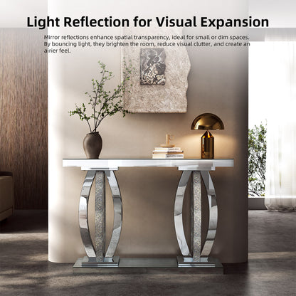 47-Inch Modern Mirrored Console Table with Crushed Diamond Finish for Living Room Entryway, Contemporary Mirror Sofa Tables with Silver Glass Top for Hallway Behind Couch, Silver