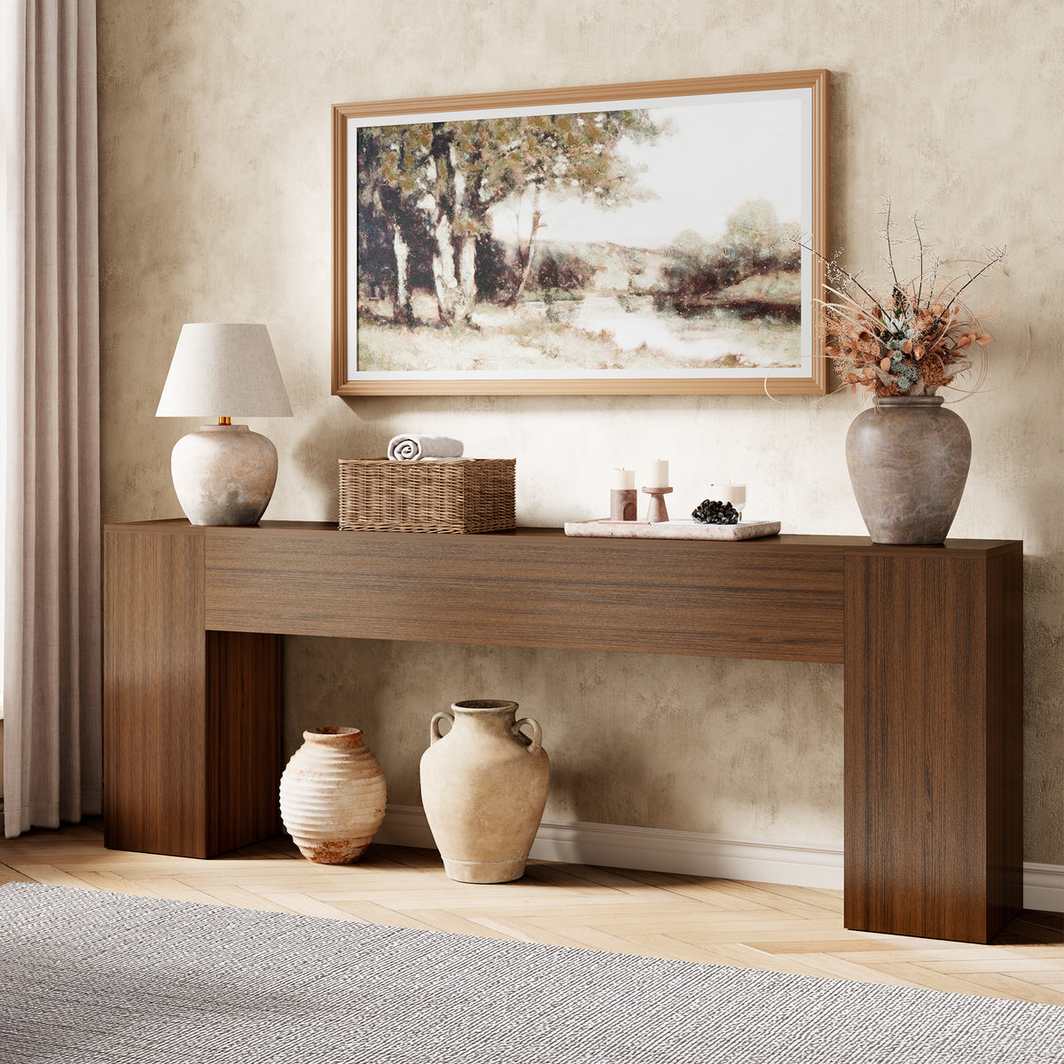 86-Inch Console Table Behind Couch Mid Century, Walnut Brown Wooden Sofa Table Narrow Long, Extra Long Console Table for Entryway, Hallway, Living Room
