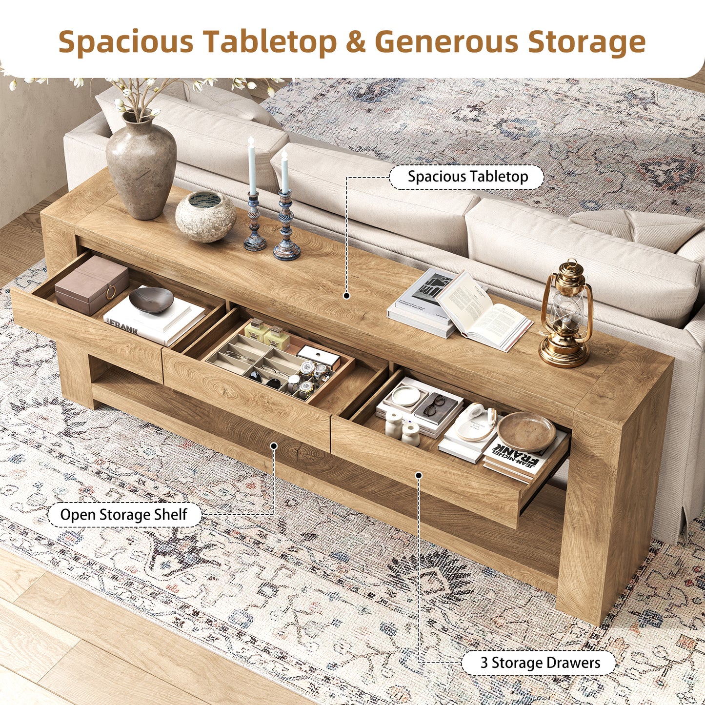 78 Inch Extra Long Console Table with Storage Drawer and Open Shelf | 3 Storage Drawers | Open Shelf | Natural Oak Brown | Farmhouse Entryway Table | Behind Sofa | Entrance, Hallway, Living Room