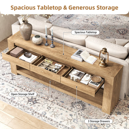 78 Inch Extra Long Console Table with Storage Drawer and Open Shelf | 3 Storage Drawers | Open Shelf | Natural Oak Brown | Farmhouse Entryway Table | Behind Sofa | Entrance, Hallway, Living Room