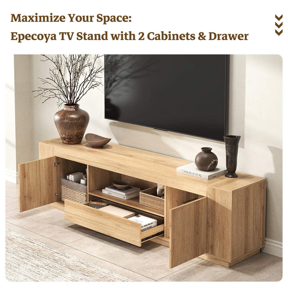 Light Wood Entertainment Center with Drawers, 78-Inch Modern TV Stands for Living Room, Farmhouse TV Console Cabinets with Open Section, Natural Teak