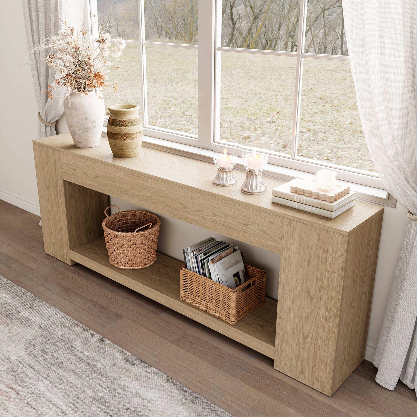 Console Table for Entry Way with Storage 86 Inch, Extra Long Sofa Table Behind Couch for Living Room, Wooden Entryway Entrance Table with 2-Tier Shelves, Light Oak