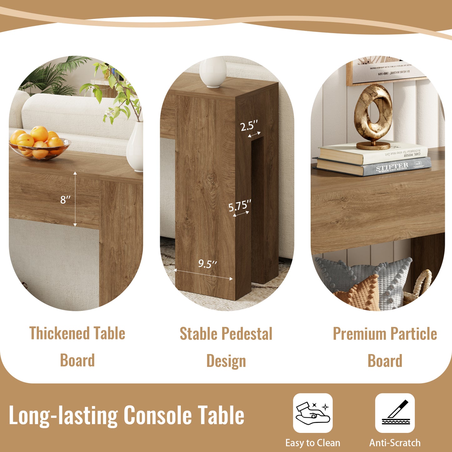 Epecoya Long Sofa Console Table for Entryway Living Room, 63-Inch Farmhouse Wood Behind Couch Table, Rectangular Accent Console with Wooden Double Base for Hallway Foyer Entrance, Natural Oak