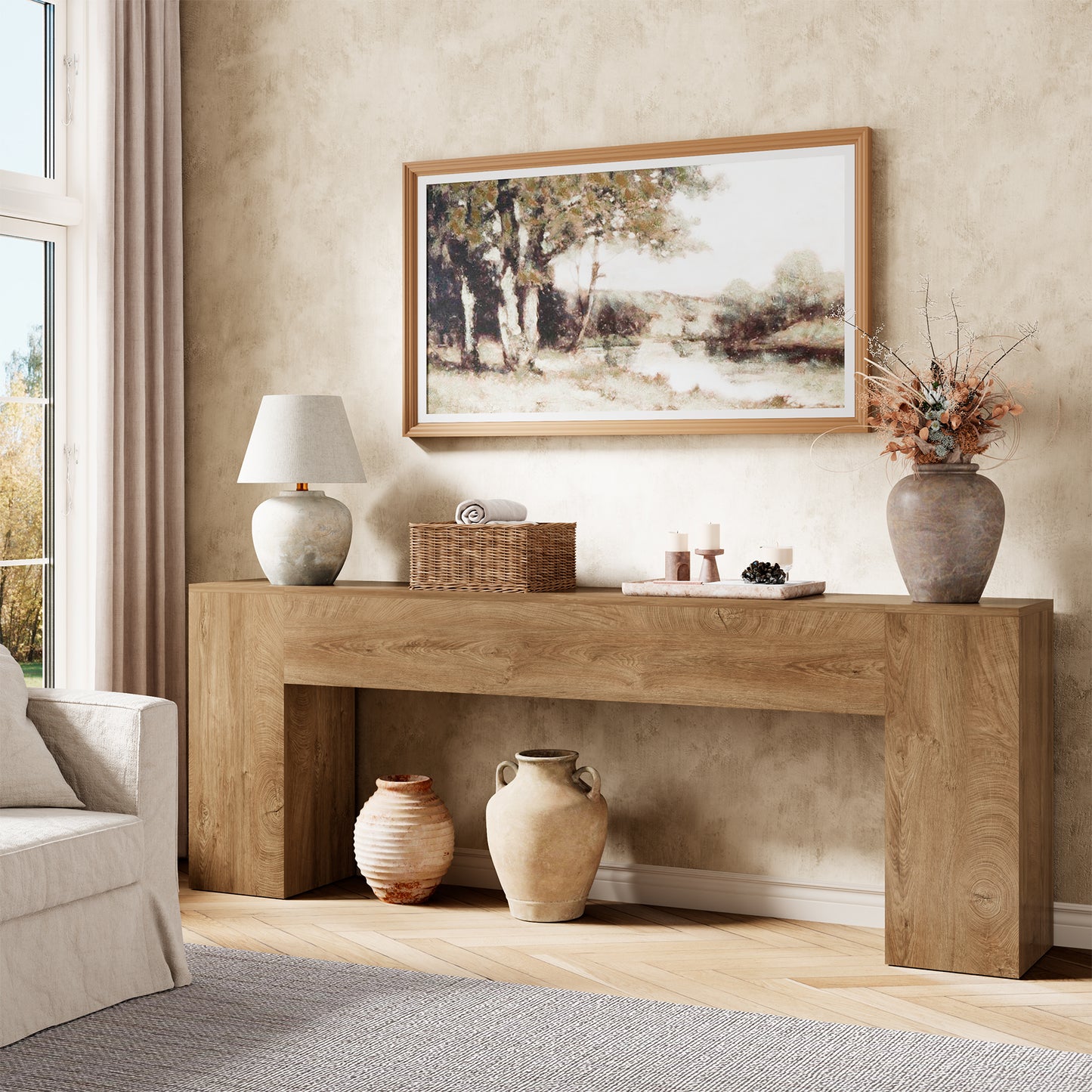 Epecoya 86-Inch Extra Long Console Table for Entryway, Wooden Behind Couch Table Narrow, Farmhouse Entrance Table for Hallway Living Room Apartment, Natural Oak Brown