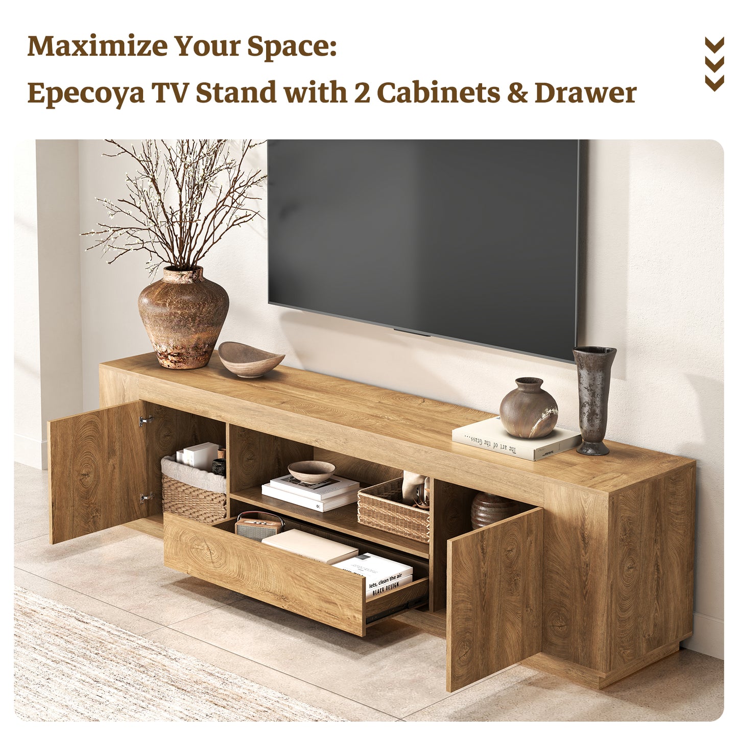 Oak TV Stands for Living Room 78.7-Inch, Wooden Entertainment Center with 2 Cabinets & Drawer, Farmhouse TV Console with Storage for TVs Up to 80", Natural Oak Brown