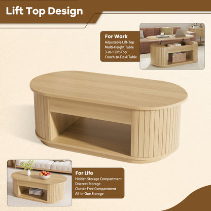 Oval Lift Coffee Table, 43 Inch Lift Top Coffee Table with Storage for Living Room, 2-Tier Rustic Lift Up Tabletop Mid Century Center Tables with Hidden Compartment for Apartment, Light Oak Brown