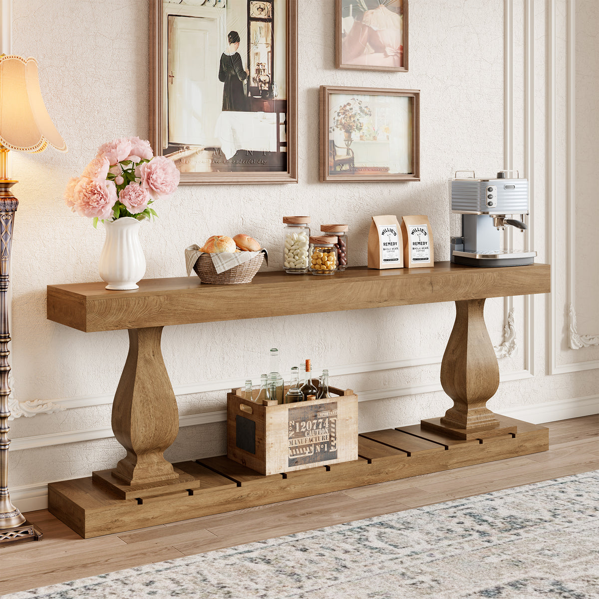 70 Inch Wood Console Table for Entryway, Extra Long Sofa Table Behind Couch, Rustic Farmhouse Entry Style with Bottom Shelf and Vintage Curved Legs for Living Room, Hallway