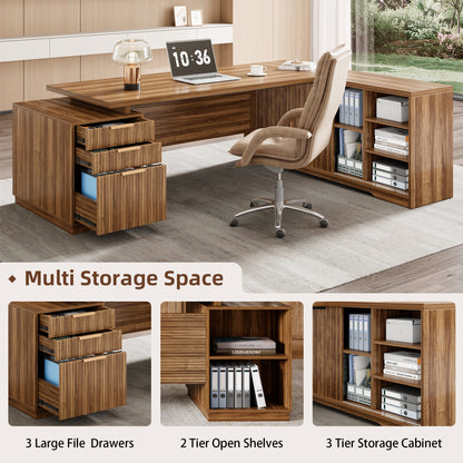 78 Inch L-Shaped Executive Desk with Drawer, Large Home Office Desk with File Cabinet, Modern Fluted Computer Table with Storage Open Shelves, Wood Business Furniture for Boss, Oak Brown
