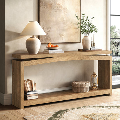 70 Inch Long Console Table for Entryway, Natural Oak Brown Farmhouse Console Table, Wood Sofa Table Behind Couch, 2 Tier Entrance Table with Storage Shelf for Hallway Living Room