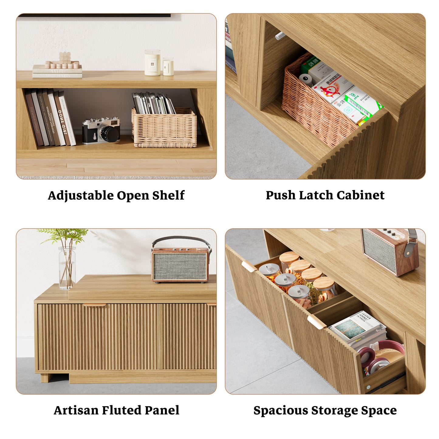 Extendable TV Console Large 64.57-98.43 Inch, Extra Long TV Stands for Living Room Flutted, Modern Oak TV Stand with 2 Drawers & Open Shelf, Light Oak