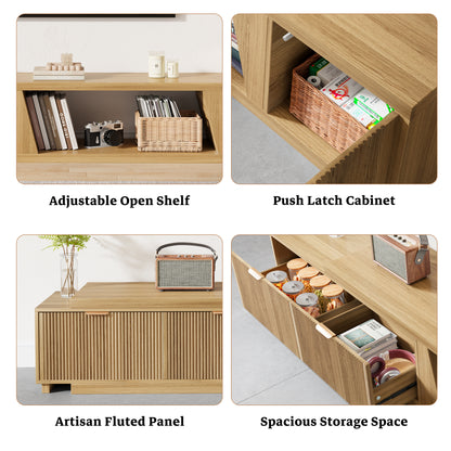 Extendable TV Console Large 64.57-98.43 Inch, Extra Long TV Stands for Living Room Flutted, Modern Oak TV Stand with 2 Drawers & Open Shelf, Light Oak