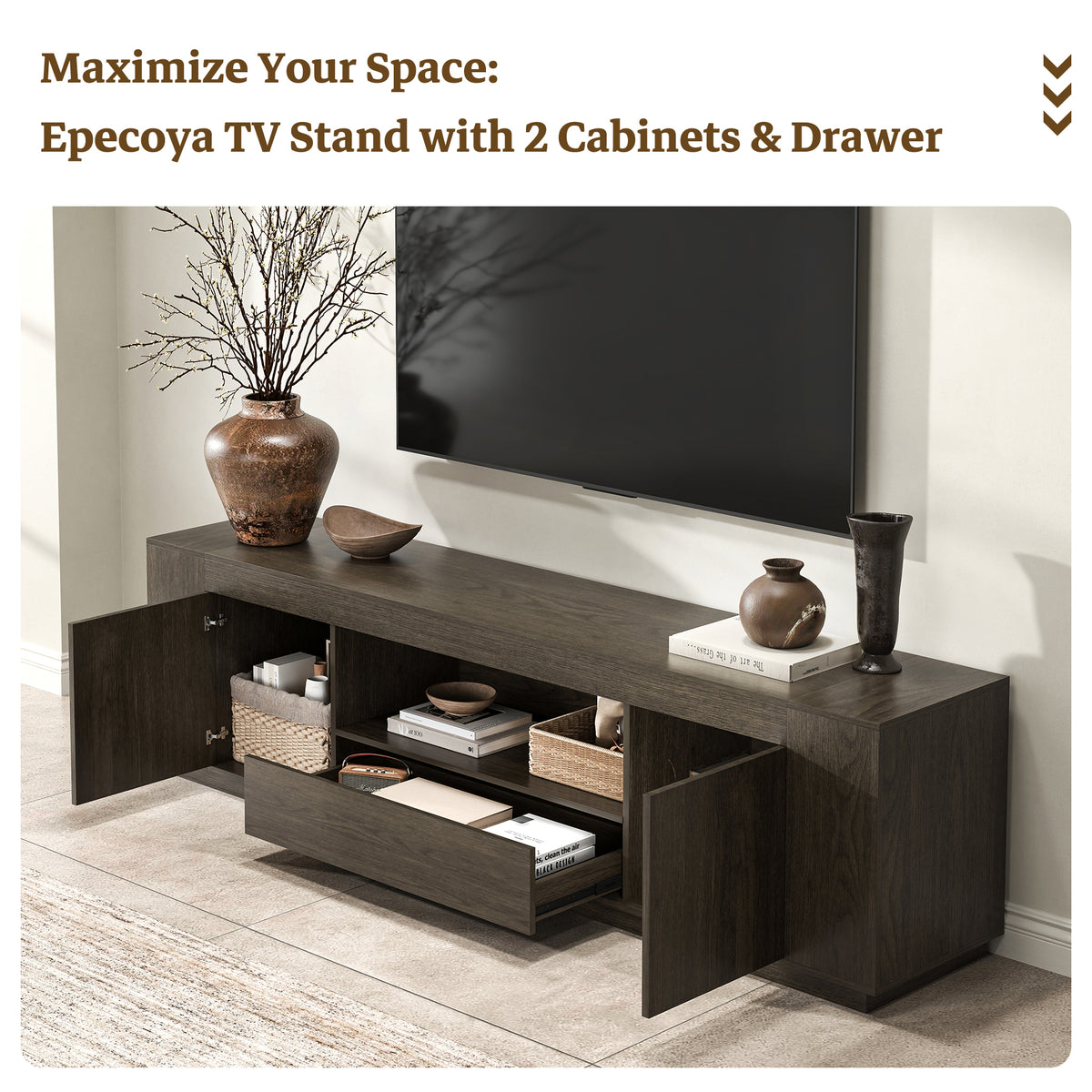 Wood TV Stands for Living Room 78-Inch, Walnut Brown Mid Century Entertainment Center with Storage, Large Television Stand for TVs Up to 85 Inch