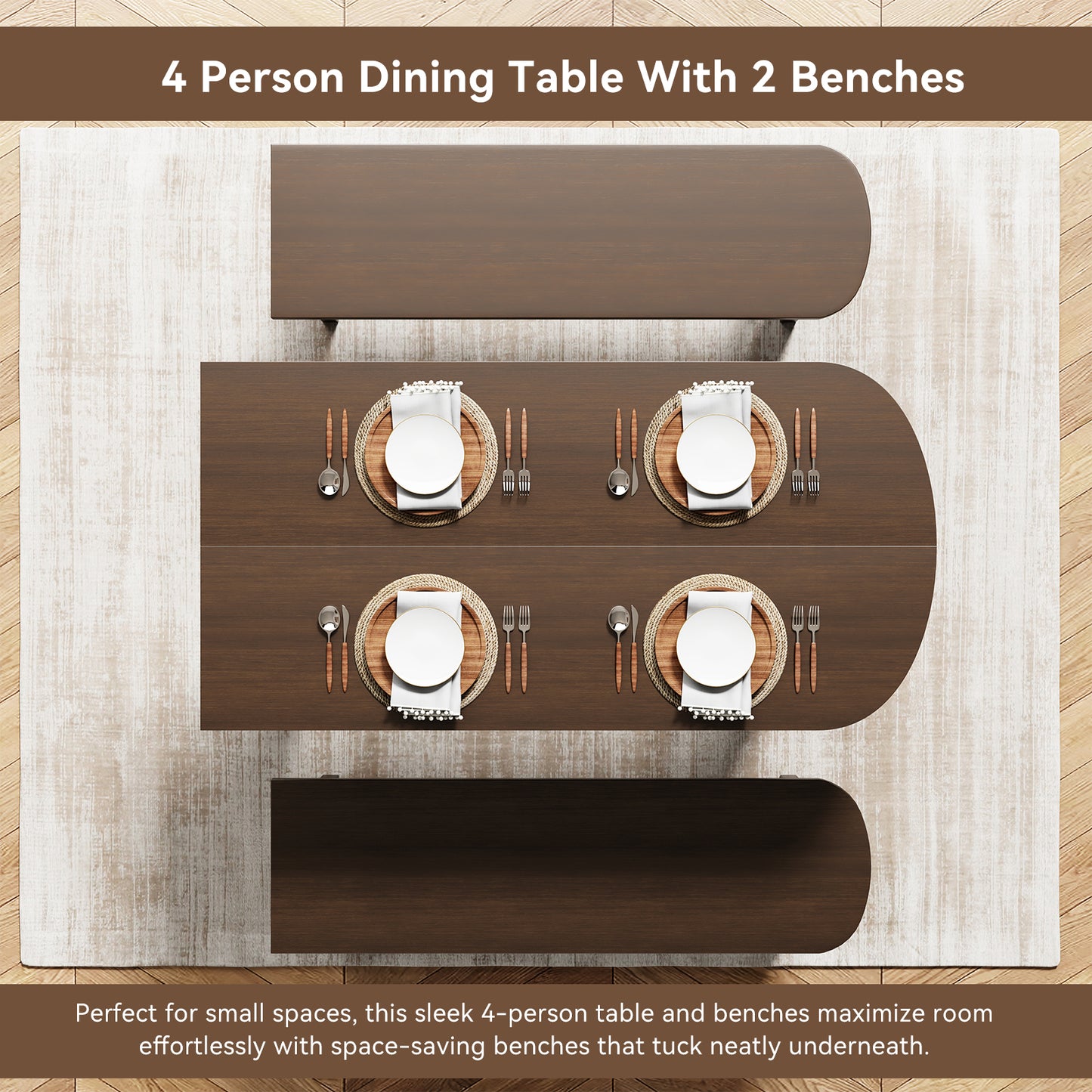 Dining Table with Stools for 4 Person, 55-inch Kitchen Wood Dinner Table Set with 2 Piece Benches Wooden Tabletop Dining Room Table for Living Room, Apartment, Retro Brown