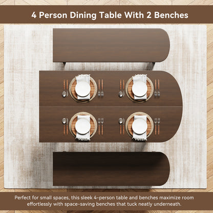 Dining Table with Stools for 4 Person, 55-inch Kitchen Wood Dinner Table Set with 2 Piece Benches Wooden Tabletop Dining Room Table for Living Room, Apartment, Retro Brown