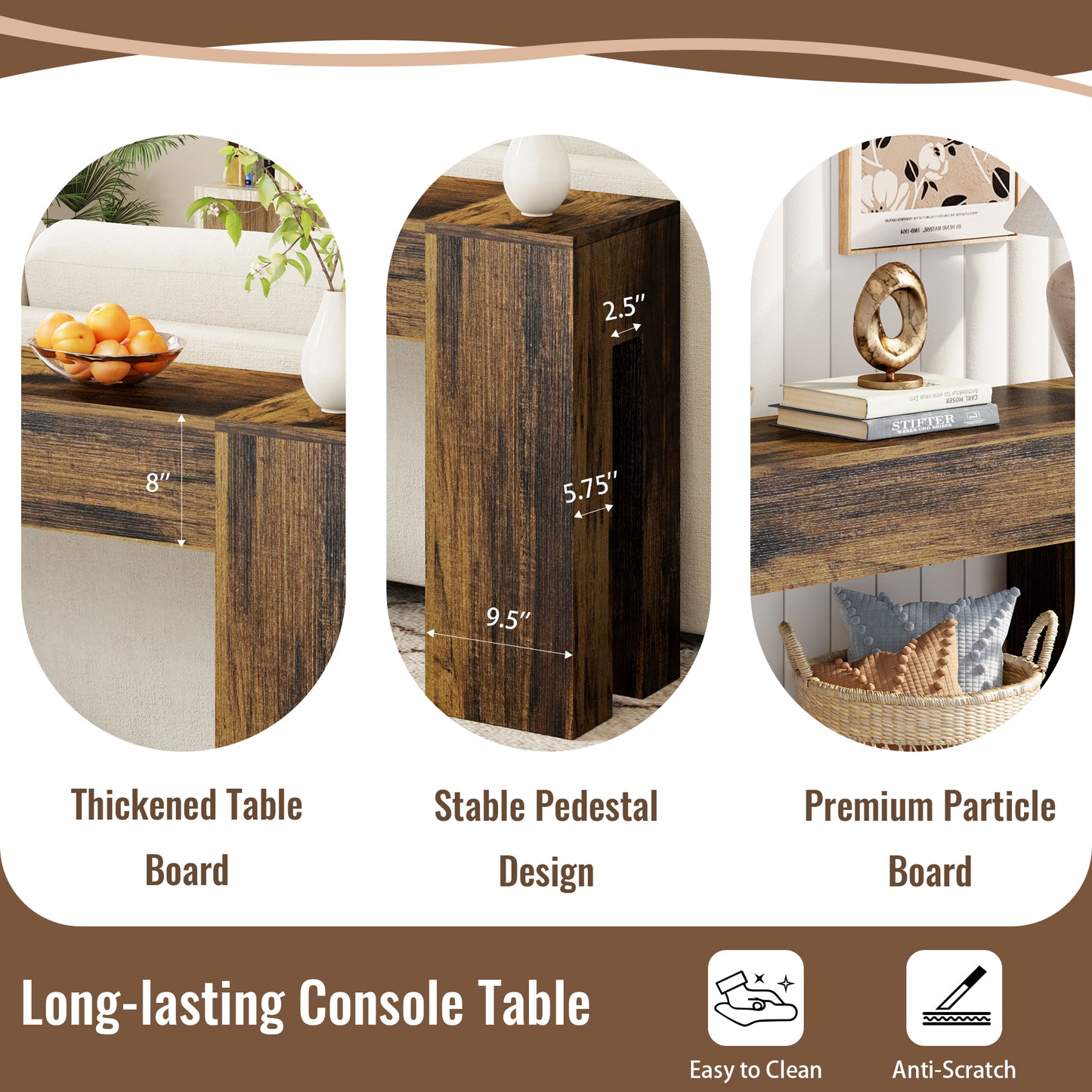Epecoya Extra Long Sofa Console Table for Entryway Living Room, 71-Inch Farmhouse Wood Behind Couch Table, Rectangular Accent Console with Wooden Double Base for Hallway Foyer Entrance, Rustic Brown