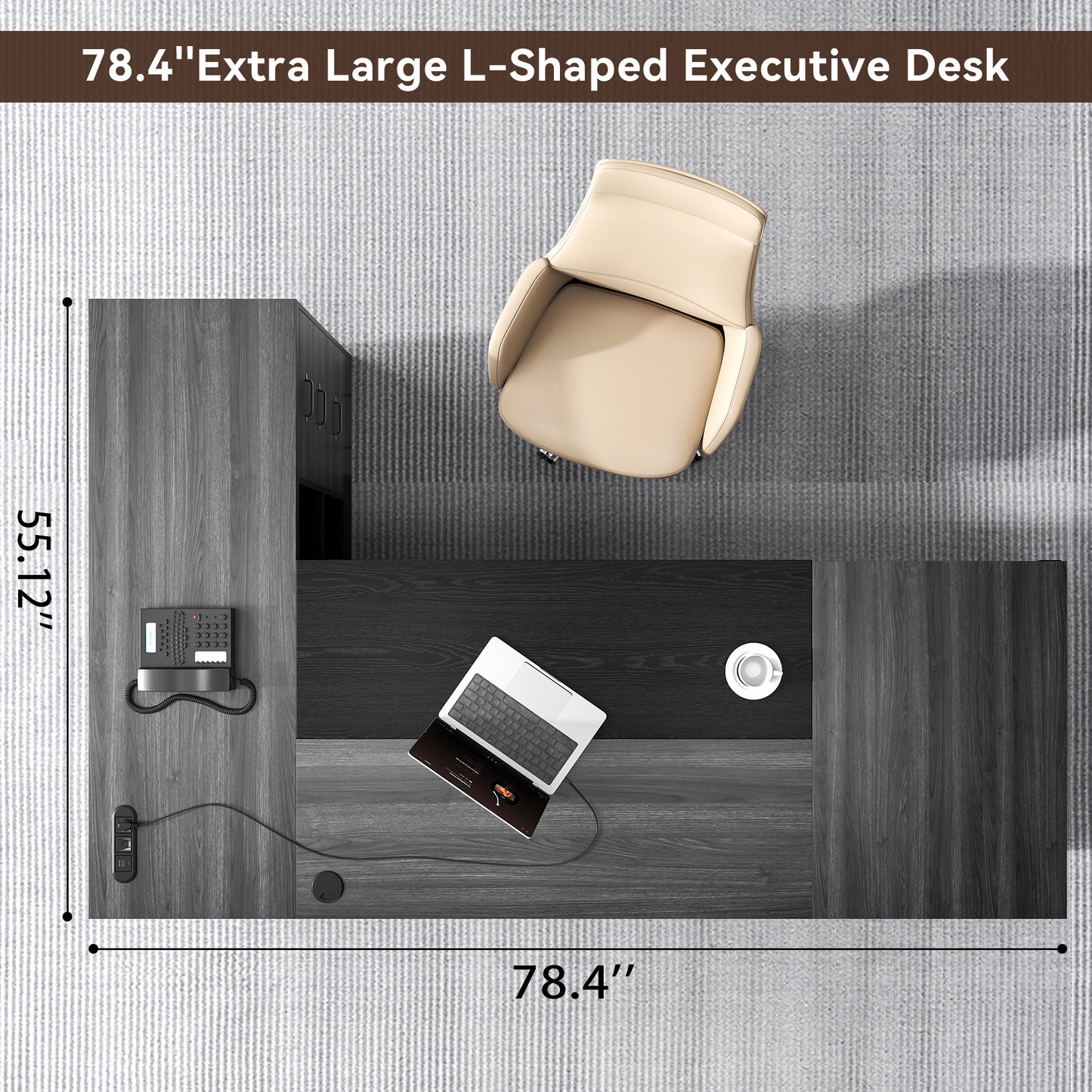 Epecoya 78 Inch L Shape Executive Desk, Large Modern Home Office Desk with Drawer and Cord Hold Management, Wooden Business Furniture for CEO Boss Manager, Black Gray