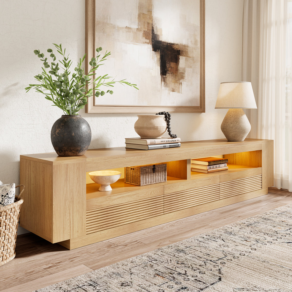 86-in Fluted TV Stand for Living Room with LED Lights, Light Oak Modern Media Console with 3 Drawers & Open Shelves, Large Entertainment Center for TVs up to 85 In for Living Room
