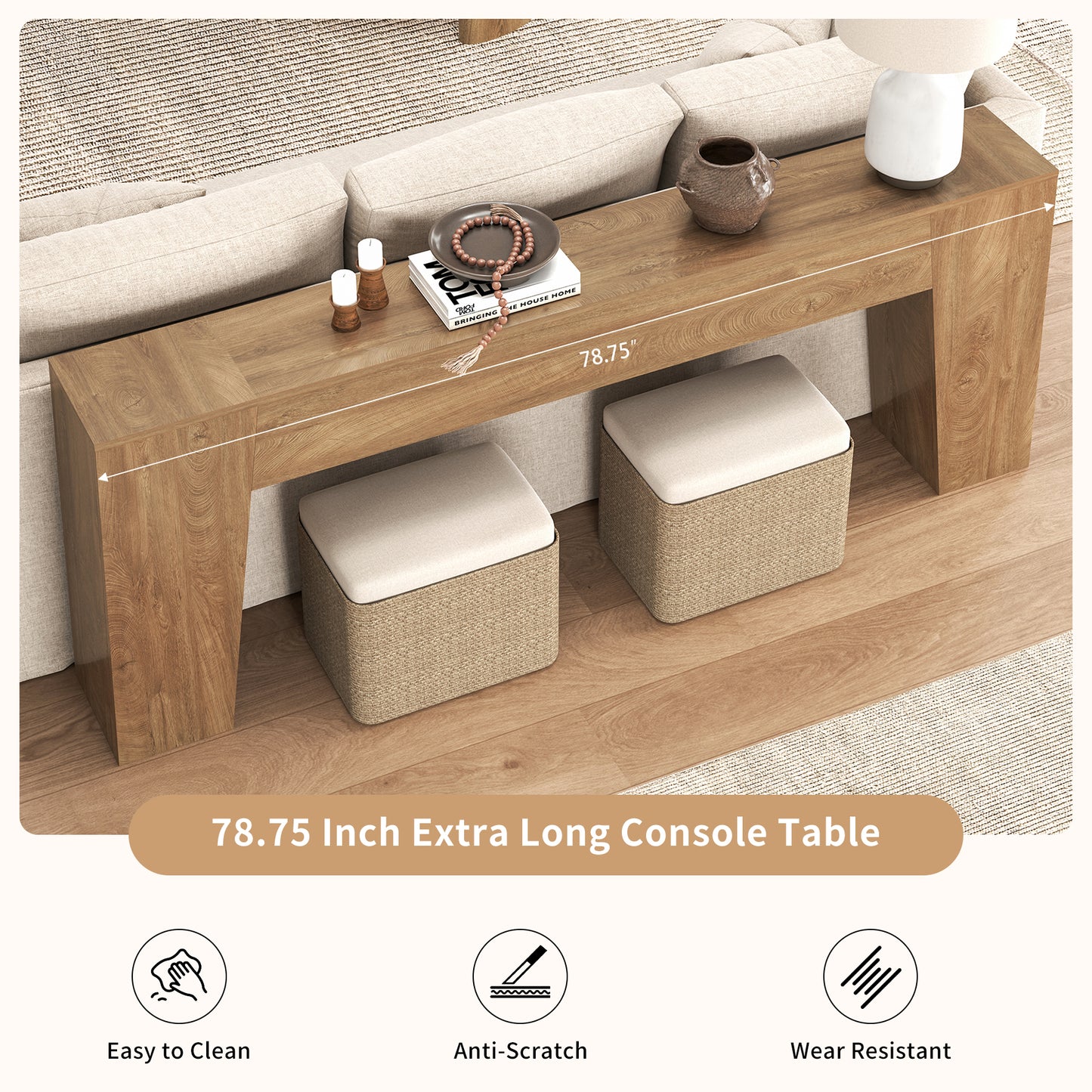 Epecoya Extra Long Sofa Console Table for Entryway, 78-Inch Large Farmhouse Wood Behind Couch Table, Modern Trapezoid Accent Entrance Table for Foyer Living Room Hallway Home, Natural Oak Brown
