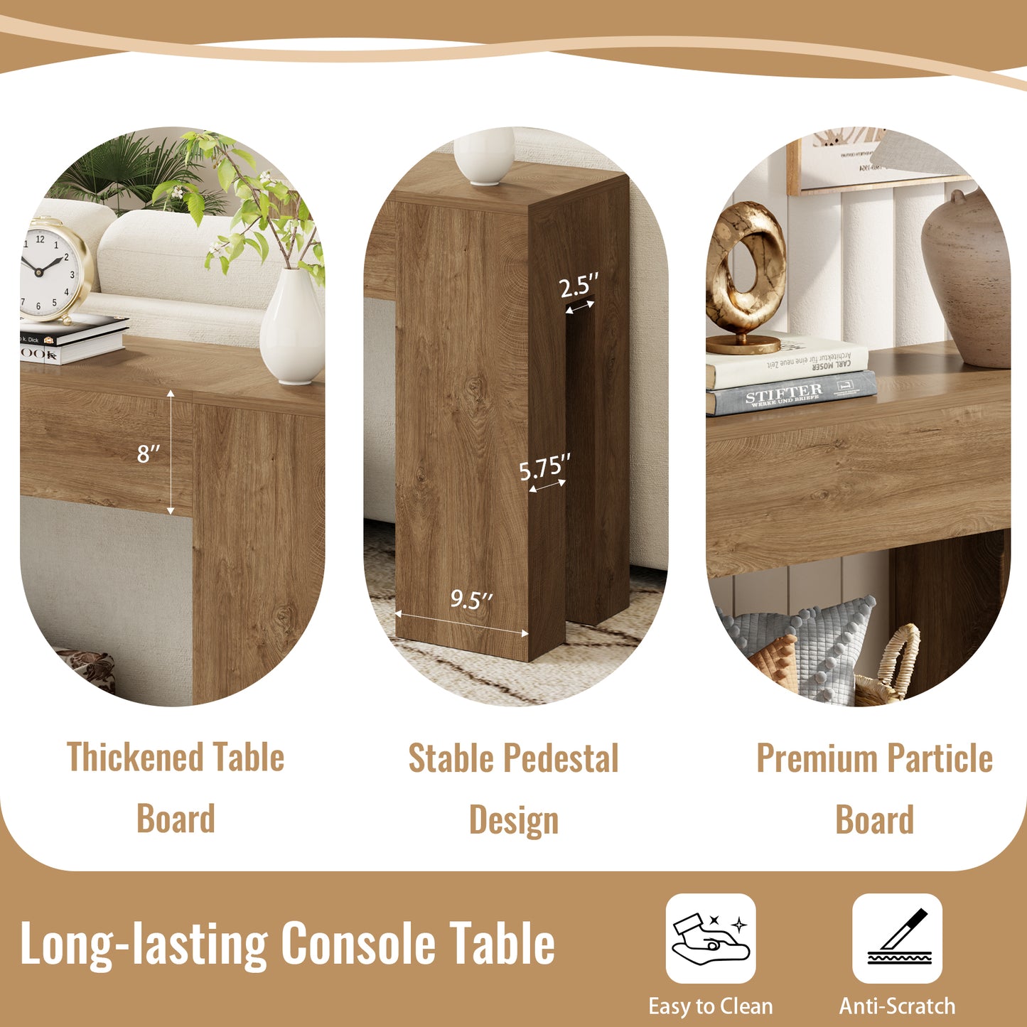Epecoya 55-Inch Long Sofa Console Table for Entryway Living Room, Farmhouse Wood Behind Couch Table, Rectangular Accent Console with Wooden Double Base for Hallway Foyer Entrance, Natural Oak Brown