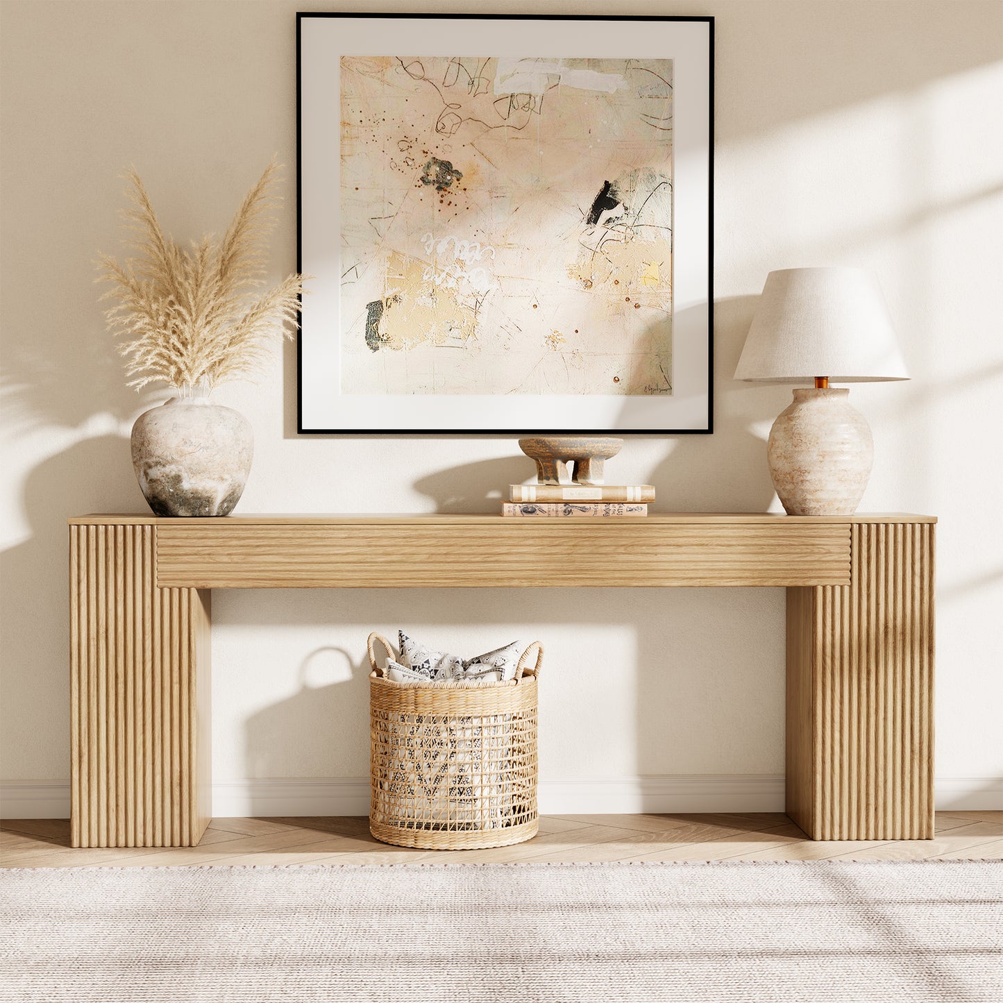 Extra Long Console Table 82 Inch, Wooden Sofa Table, Entryway Table | Wavy Textured Design | Light Oak Brown | Farmhouse Natural Wood Finish | Behind Couch | Living Room, Entrance, Hallway