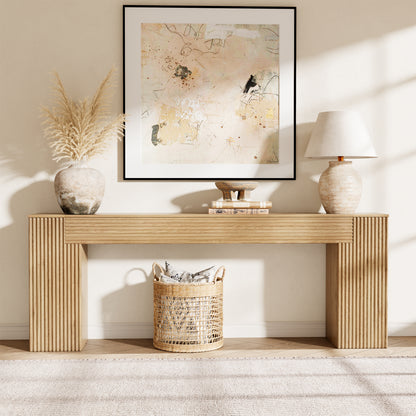 Extra Long Console Table 82 Inch, Wooden Sofa Table, Entryway Table | Wavy Textured Design | Light Oak Brown | Farmhouse Natural Wood Finish | Behind Couch | Living Room, Entrance, Hallway