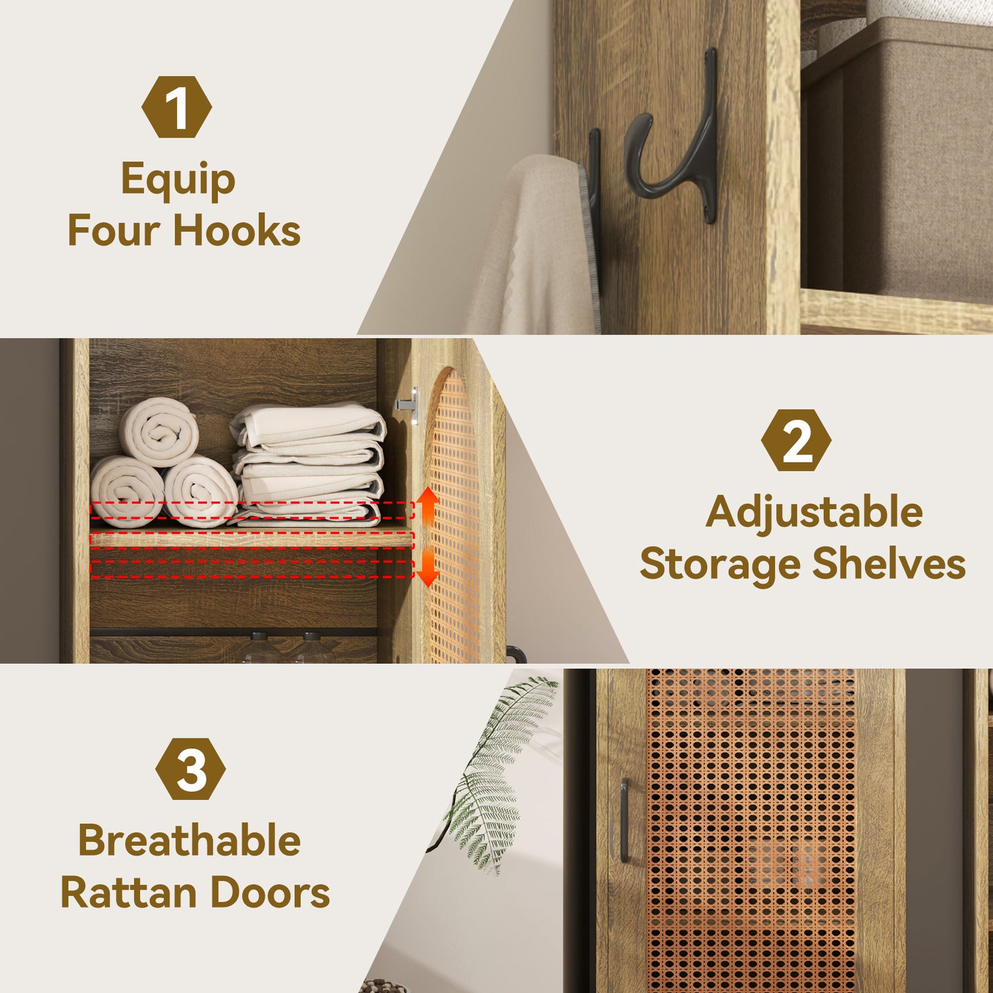 66-Inch Bathroom Storage Cabinet with 2 Rattan Doors for Toilet, Tall Narrow Bath Room Cabinets, Slim Wooden Floor Storage Cabinets with Adjustable Shelves and 4 Hooks for Restroom, Brown