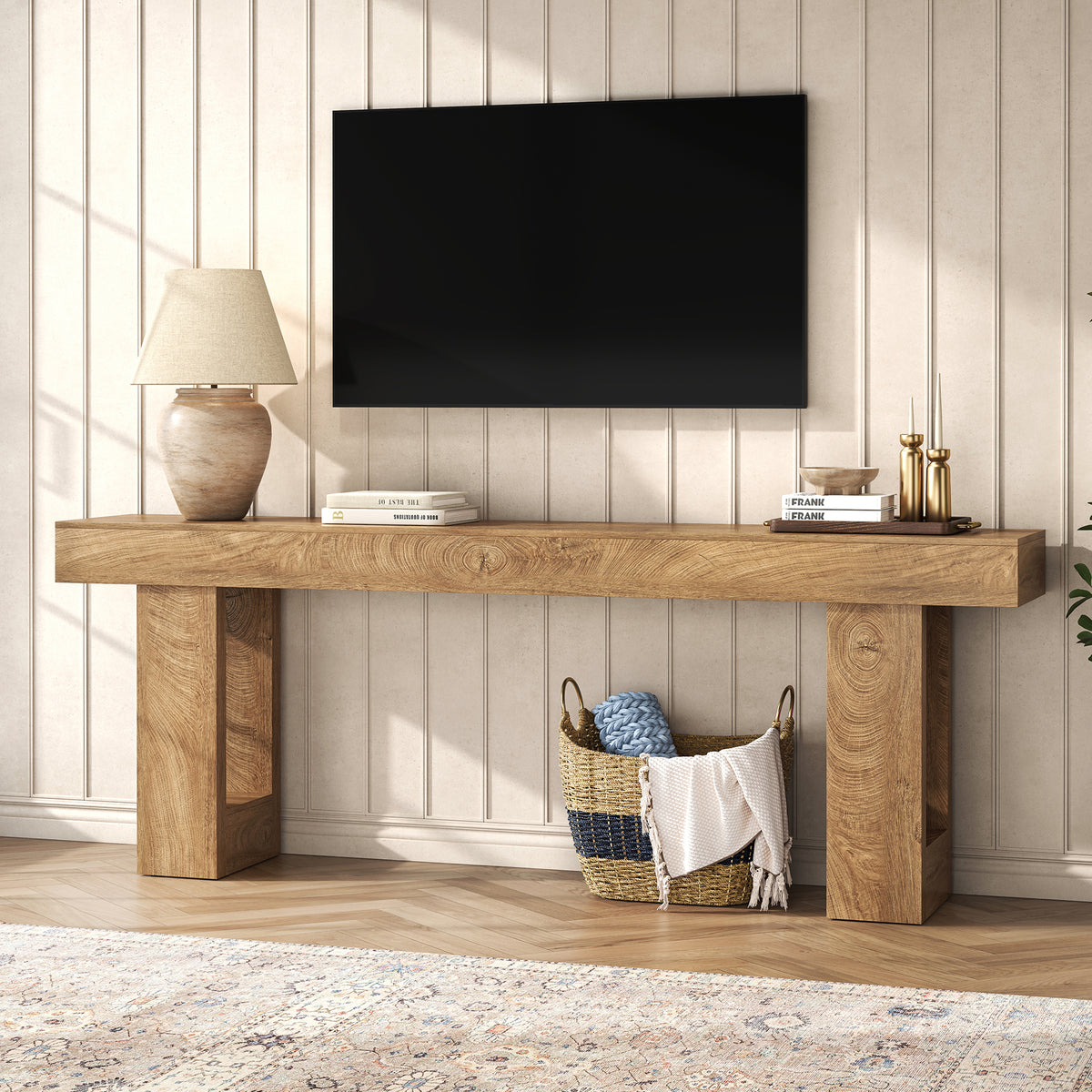 Extra Long Console Tables for Entryway 78.7-Inch, Natural Oak Brown Farmhouse Sofa Tables Narrow Long, Rectangular Wooden Entryway Tables for Living Room, Entrance, Hallway