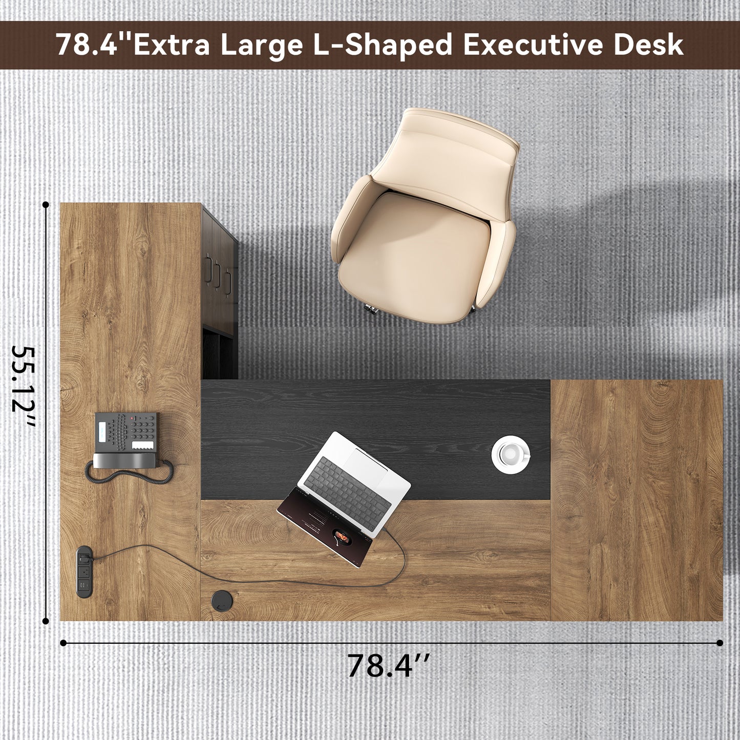 Epecoya L-Shaped Executive Desk with Drawer, Large Modern Home Office Desk with Cord Hold and Power Outlet, Big Wooden Business Furniture with Lateral File Cabinet for CEO Boss, Oak Black