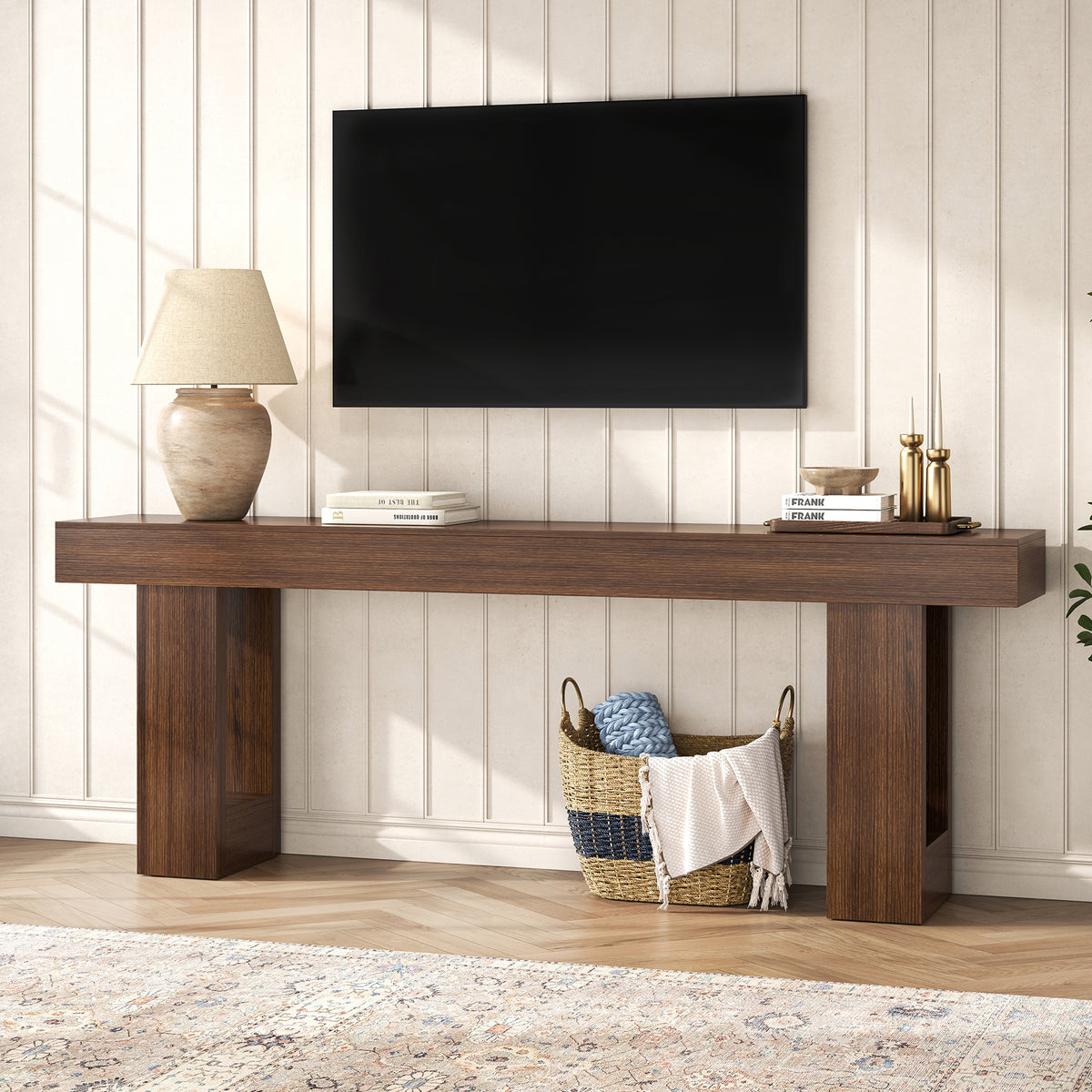 Mid Century Entryway Tables for Living Room, Walnut Brown Extra Long Console Table Behind Couch 78In, Wooden Entry Way Tables for Living Room, Apartment