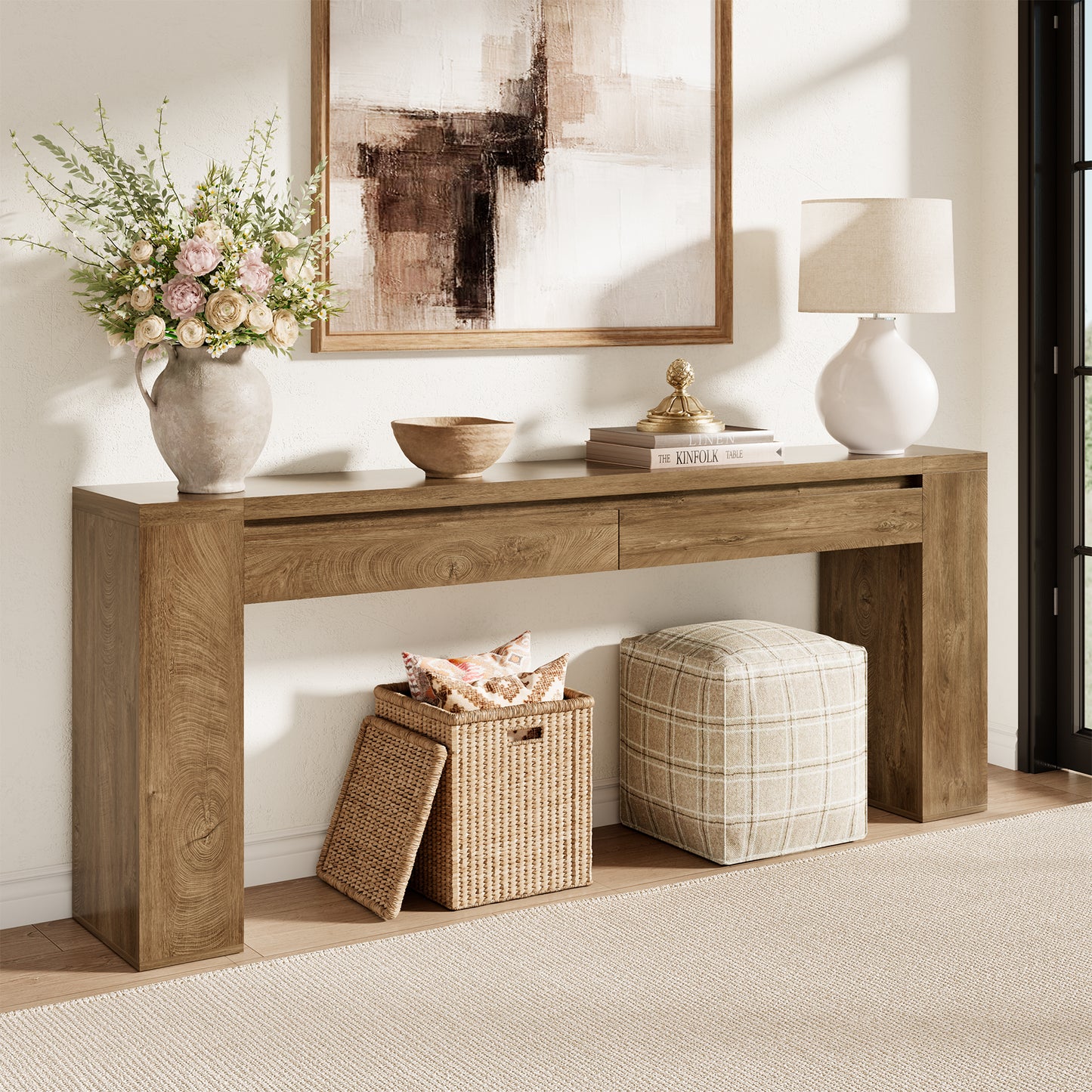78 Inch Console Tables for Entryway with 2 Drawers Natural Oak | Farmhouse Behind Couch Table with Storage, Extra Long Entryway Table Design for Living Room, Hallway, Entrance