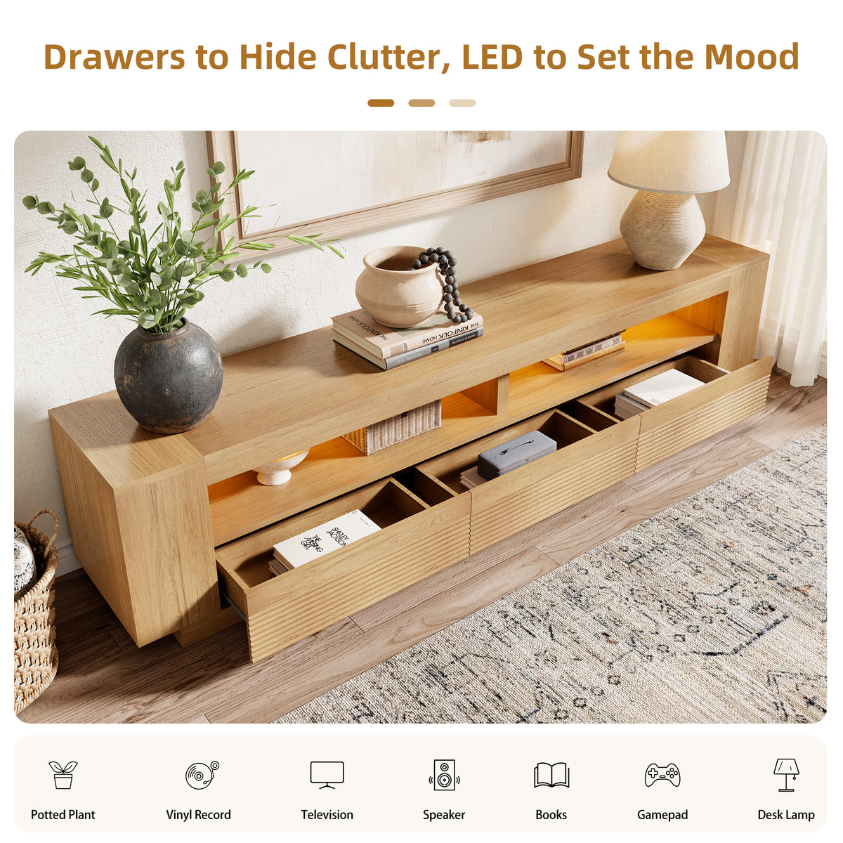 86-in Fluted TV Stand for Living Room with LED Lights, Light Oak Modern Media Console with 3 Drawers & Open Shelves, Large Entertainment Center for TVs up to 85 In for Living Room