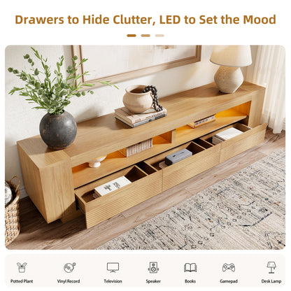 86-in Fluted TV Stand for Living Room with LED Lights, Light Oak Modern Media Console with 3 Drawers & Open Shelves, Large Entertainment Center for TVs up to 85 In for Living Room
