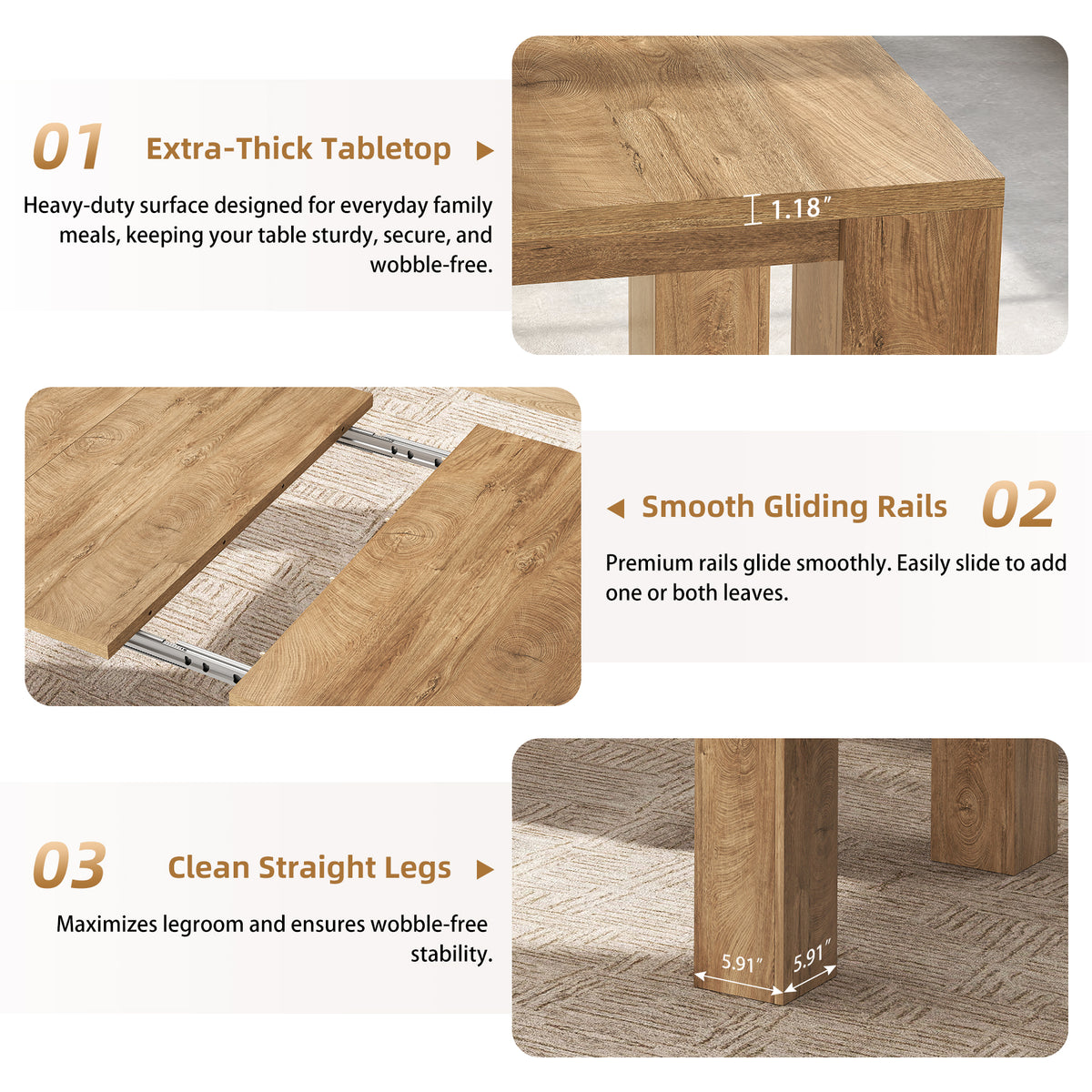 Extendable Dining Tables for 4-10, Modern Farmhouse Kitchen Table 55"-87" Expandable Rectangular Dining Table with 2 Leaves, Transformer Dinner Tables for Living Room, Natural Oak Brown
