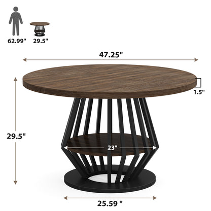 47-Inch Round Industrial Dining Table with Storage Shelf for Dining Room, 4-6 People Circle Kitchen Dinner Tables with Wood Top and Metal Frame for Living Room, Dinner Room, Black Brown Walnut