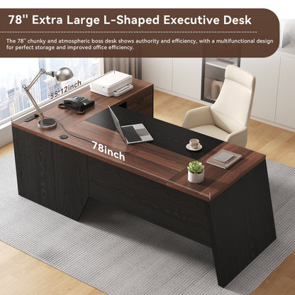 L-Shaped Executive Desk with Power Outlet, 78-Inch Large Office Desk with Storage Drawer and Lateral File Cabinet, Modern Computer Table with Open Shelf and PC Stand for Home Office Study, Brown Black