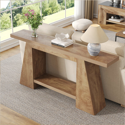 63-Inch Wood Console Table with Shelf for Living Room Entryway, 2-Tier Wooden Sofa Tables with Long Open Storage Shelf for Hallway Behind Couch, Oak Brown