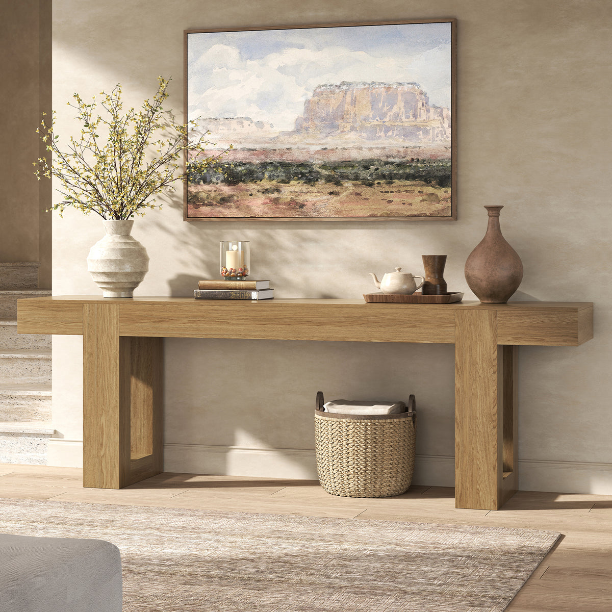 78.7 Inch Long Console Table for Entryway, Natural Oak Brown Farmhouse Sofa Table Behind Couch, Large Wood Entrance Table for Hallway, Living Room, Foyer