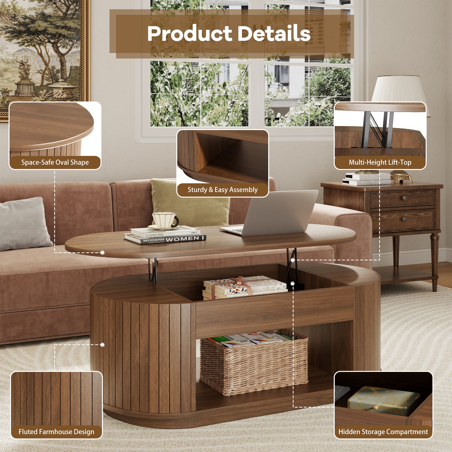 Lift Top Coffee Table, Oval Fluted Coffee Table with Storage for Living Room, Mid Century Modern Wooden Center Tables with 2 Tier Shelf, 43 Inch Tea Table Hidden Compartment for Home Office, Walnut