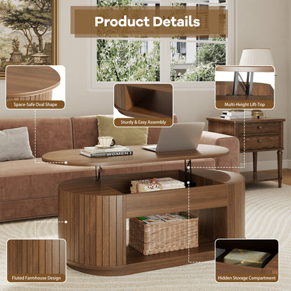 Lift Top Coffee Table, Oval Fluted Coffee Table with Storage for Living Room, Mid Century Modern Wooden Center Tables with 2 Tier Shelf, 43 Inch Tea Table Hidden Compartment for Home Office, Walnut