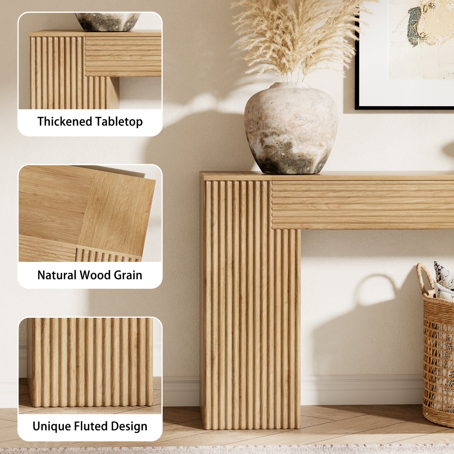 Extra Long Console Table 82 Inch, Wooden Sofa Table, Entryway Table | Wavy Textured Design | Light Oak Brown | Farmhouse Natural Wood Finish | Behind Couch | Living Room, Entrance, Hallway