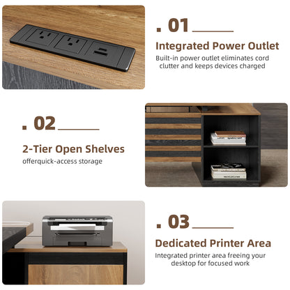Extra Large L-Shaped Executive Desk with Drawers, Oak Brown Black 78-Inch Modern Home Office Desks with Storage Cabinets, Wooden Computer Workstation Desk for Studio
