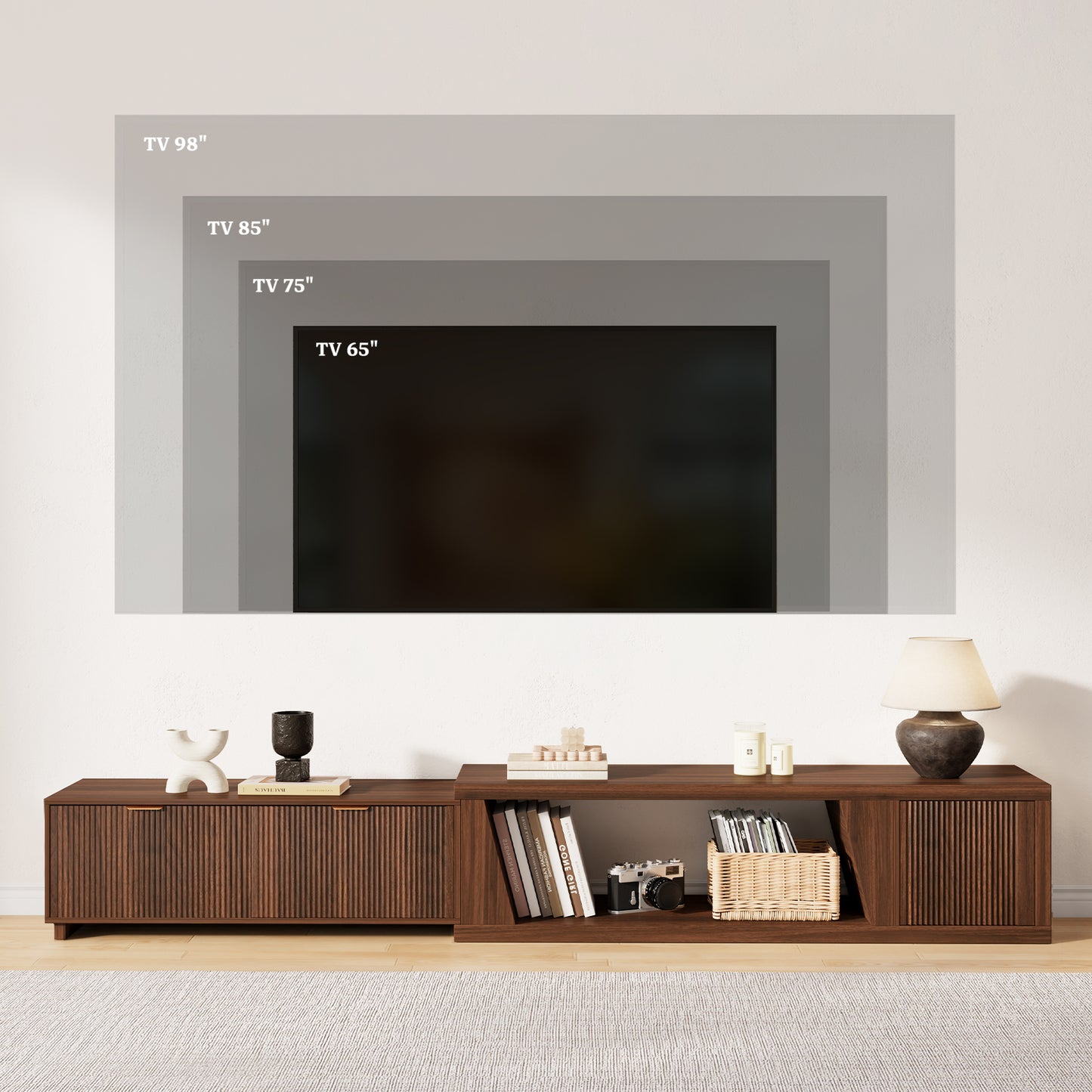 98-Inch TV Stand Extendable for Living Room, Extra Long TV Console with Storage Cabinets and Adjustable Shelf, Mid Century Modern TV Stand Flutted, Walnut Brown (64.57" W-98.43" W)