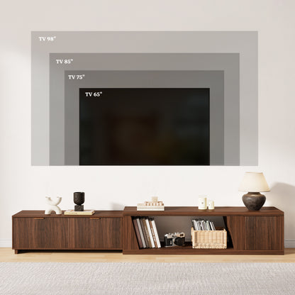 98-Inch TV Stand Extendable for Living Room, Extra Long TV Console with Storage Cabinets and Adjustable Shelf, Mid Century Modern TV Stand Flutted, Walnut Brown (64.57" W-98.43" W)