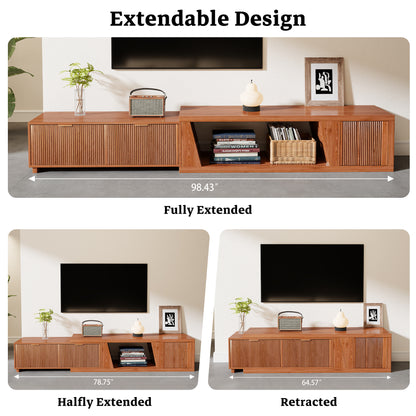 Epecoya Extendable TV Stand with Storage Cabinet Wooden, Mid Century Modern TV Stand with Adjustable Shelf and Drawers, Extra Long TV Stands for Living Room Fluted, Warm Brown Oak (64.57" W-98.43" W)