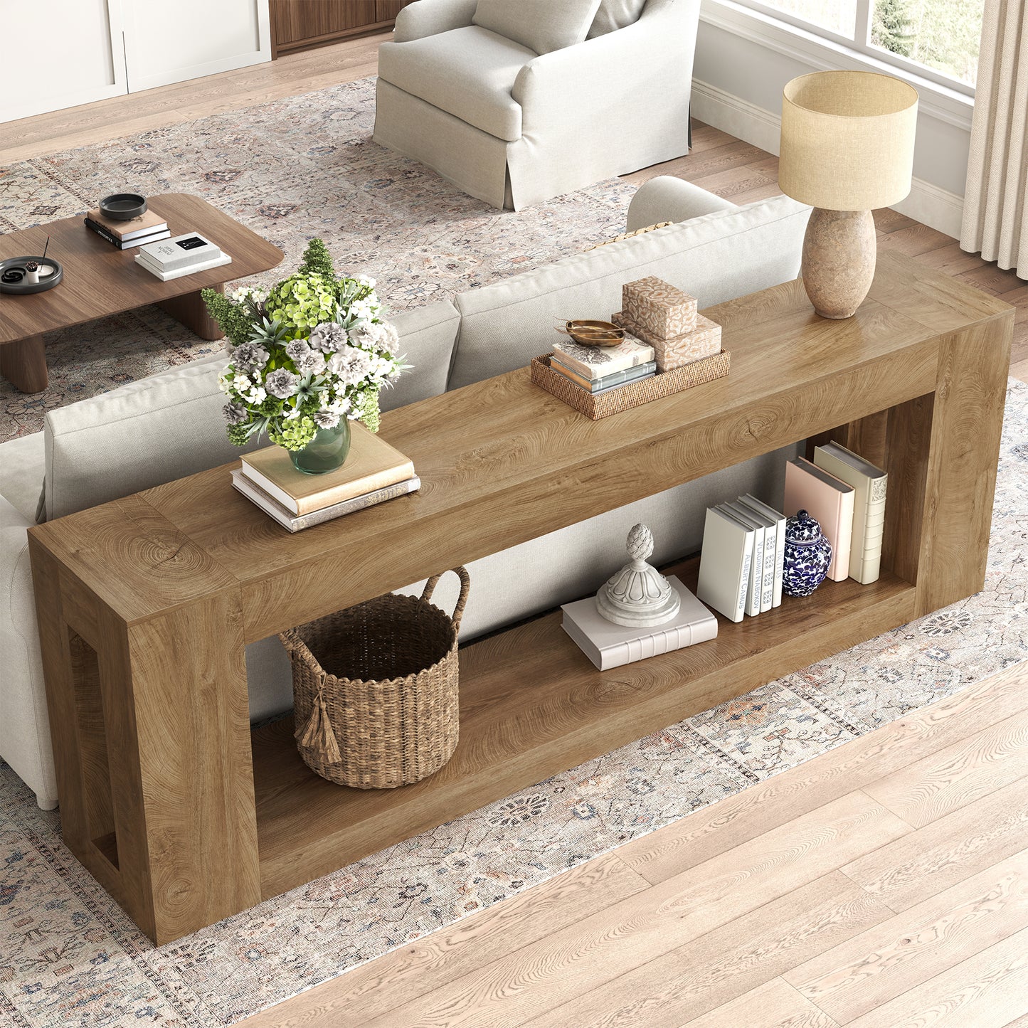 82.8-Inch Farmhouse Console Table with Storage Shelf, Natural Wood Finish - Extra Long Sofa Table Behind Couch, Entryway Table for Entrance, Hallway, Living Room