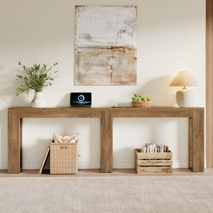 94.5'' Extra Long Console Table, Narrow Sofa Behind Couch Table with Outlet Skinny Entryway Table with USB Charging, Farmhouse Wood Foyer Table for Hallway, Living Room, Natural Oak
