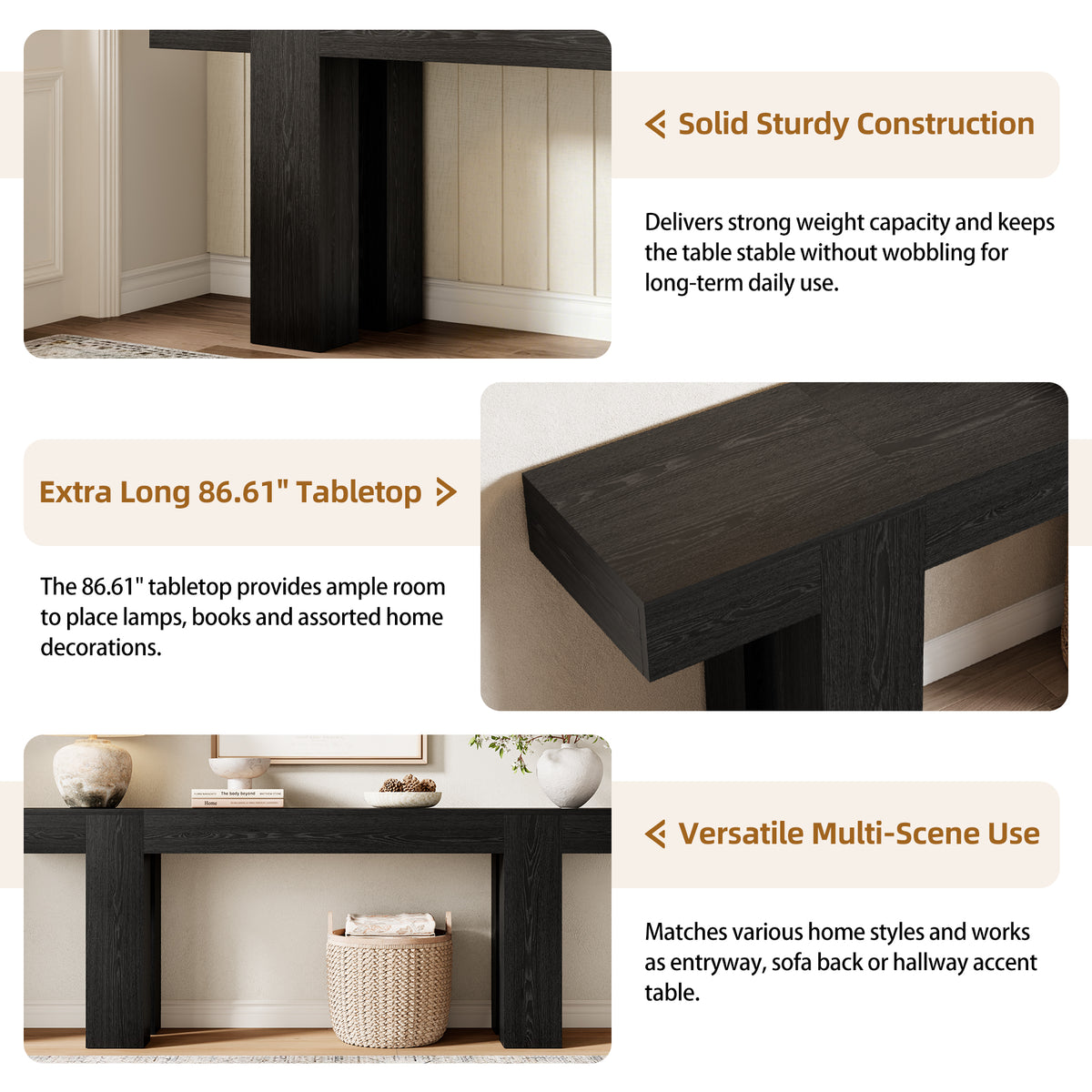 86.6 Inch Extra Console Table Black | Wood Entryway Table | Farmhouse Style | Living Room, Entryway, Hallway