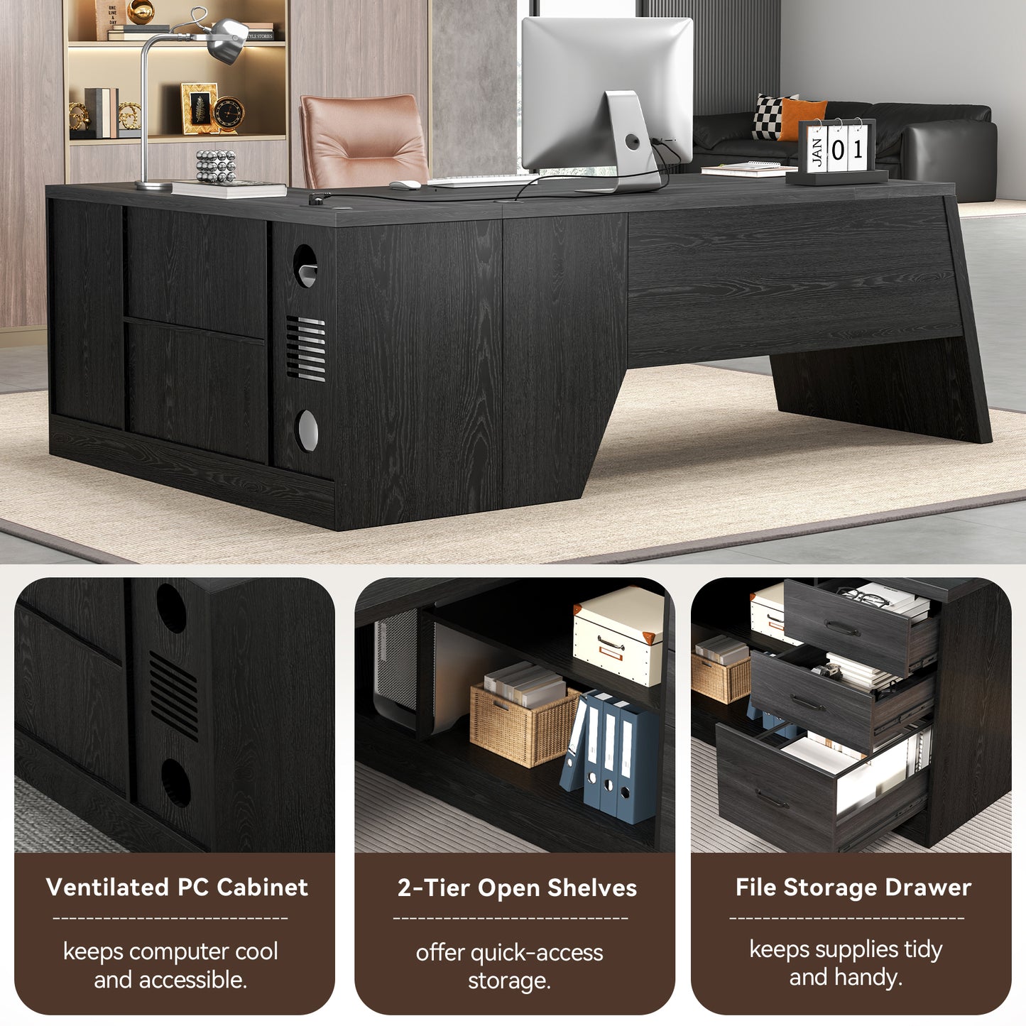 Epecoya 78 Inch L Shape Executive Desk, Large Modern Home Office Desk with Drawer and Cord Hold Management, Wooden Business Furniture for CEO Boss Manager, Black Gray